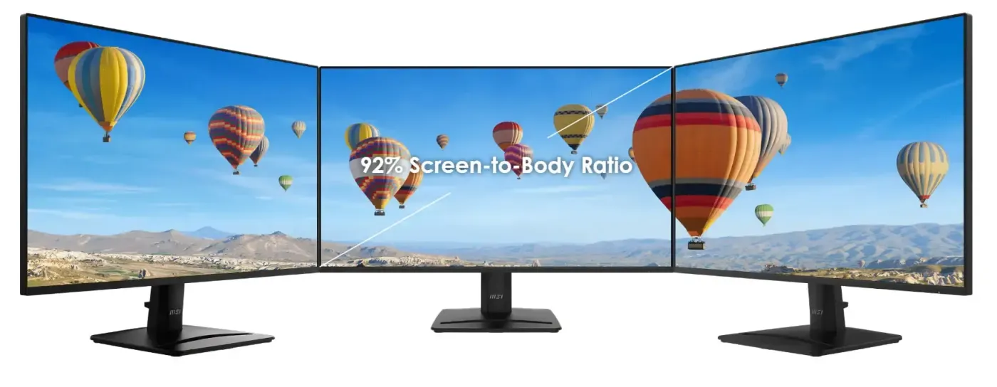 Two MSI PRO MP275 E2 monitors positioned side by side to show the four-side slim bezel