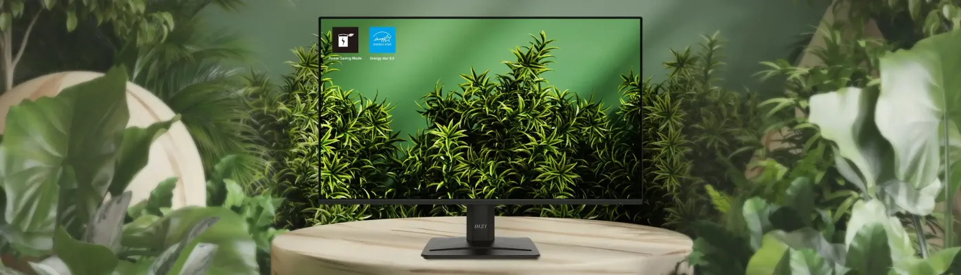 MSI PRO MP275 E2 shown with eco-friendly power saving branding