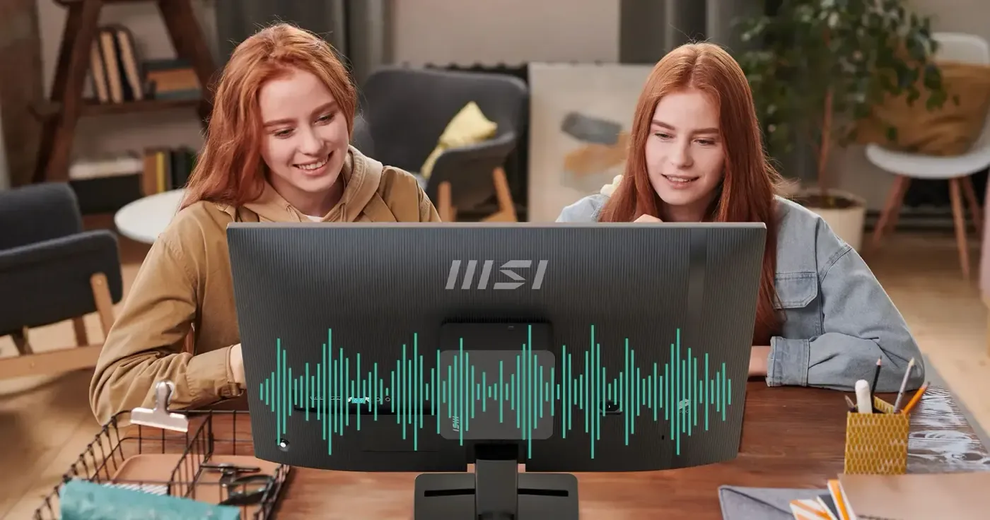 MSI PRO MP275 E2 shown with sound waves indicating the built-in speakers