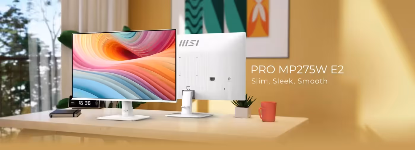 MSI PRO MP275 E2 120Hz Office Monitor showcasing modern white design and sophisticated back cover engravings