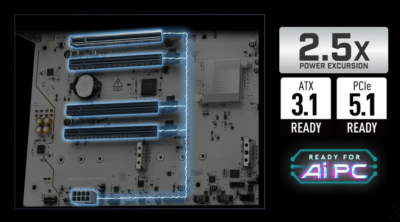 Close-up of MSI PRO Z890-S WIFI Motherboard with Lightning Gen 5 PCIe and Steel Armor for Gaming and Professional Use