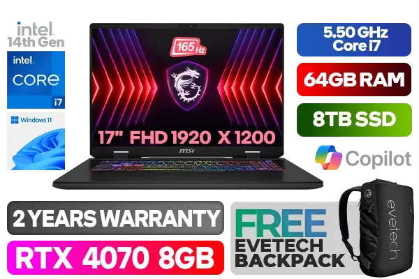 MSI Sword 17 HX B14V Intel Core i7 RTX 4070 Gaming Laptop With 64GB RAM & 8TB SSD - image 1 MSI Sword 17 HX B14V Intel Core i7 RTX 4070 Gaming Laptop With 64GB RAM & 8TB SSD - image 1