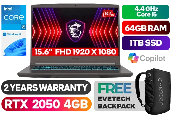 MSI THIN 15 B12UCX Core i5 RTX 2050 Laptop with 64GB RAM & 1TB SSD - image 1 MSI THIN 15 B12UCX Core i5 RTX 2050 Laptop with 64GB RAM & 1TB SSD - image 1