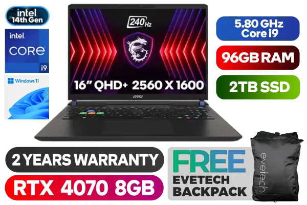 MSI VECTOR 16 HX A14VGG 14th Gen Intel® Core™ i9 RTX 4070 Gaming Laptop With 96GB RAM & 2TB SSD - image 1 MSI VECTOR 16 HX A14VGG 14th Gen Intel® Core™ i9 RTX 4070 Gaming Laptop With 96GB RAM & 2TB SSD - image 1