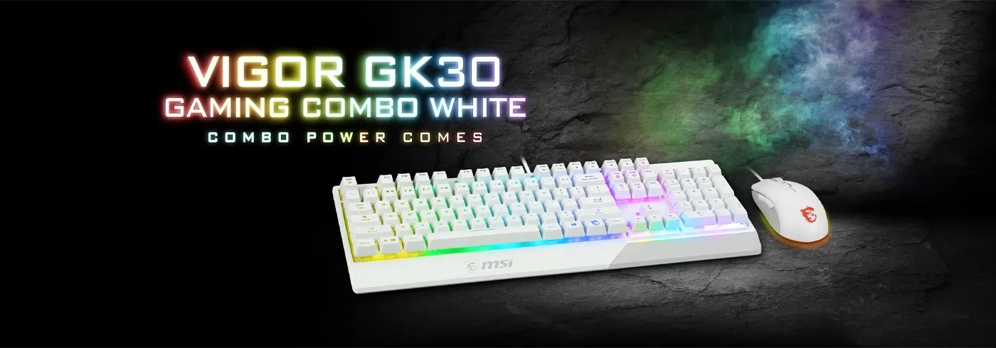 MSI Vigor GK30 keyboard and Clutch GM11 mouse together in matching graphite white