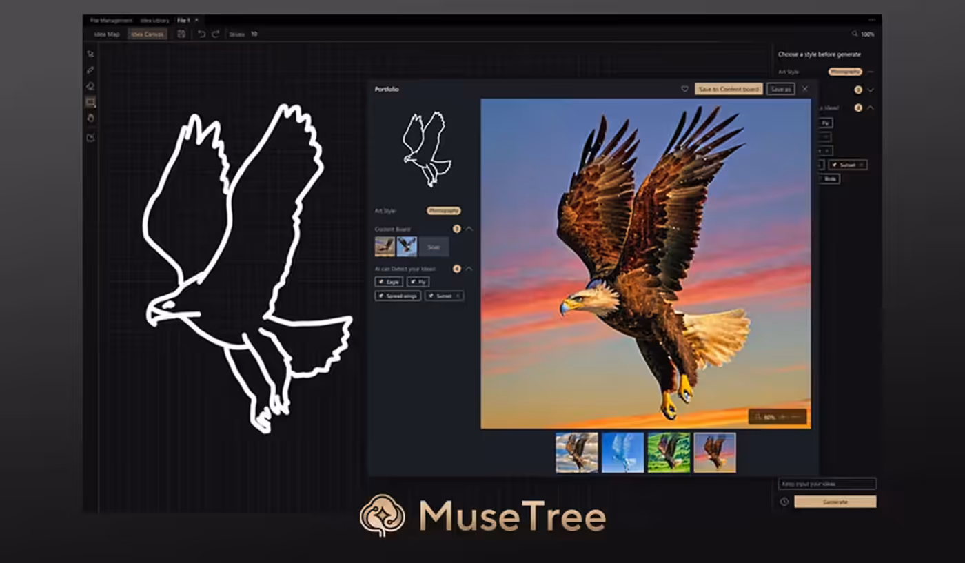 Digital art software interface displaying a drawing of an eagle on the left and a colored image of an eagle in flight on the right, with various editing tools and options