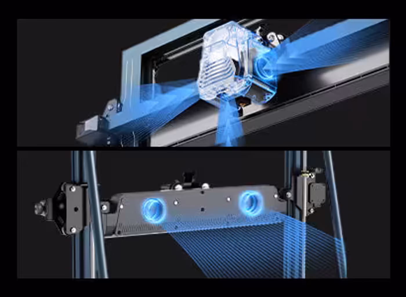 Advanced multidirectional cooling fans mounted on the print head to prevent warping