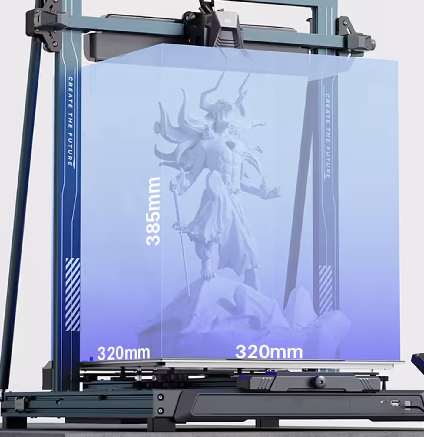 Spacious build plate showing a large volume creative print with dimensions 320x320x385mm