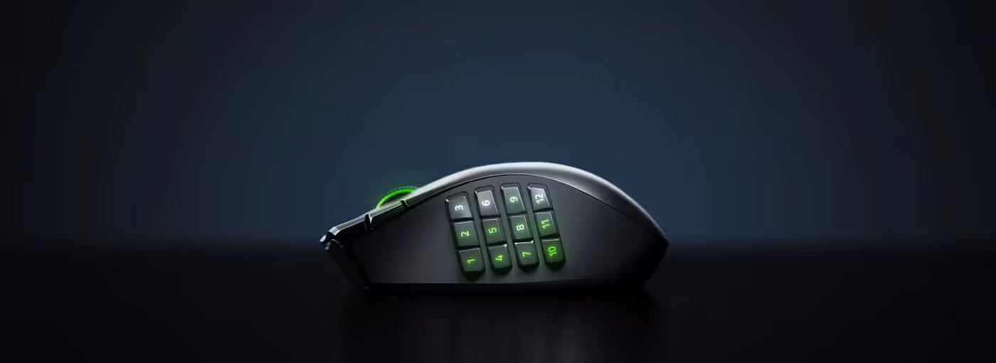 Black gaming mouse with 12 illuminated side buttons numbered 1–12 in green RGB lighting, photographed from the side against a dark background.