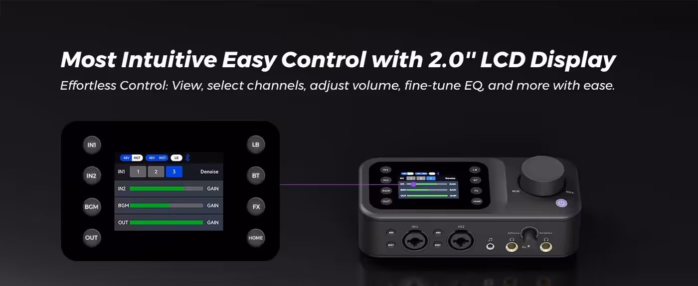 Rear input panel of the NearStream AMIX40U showing USB and AUX connections