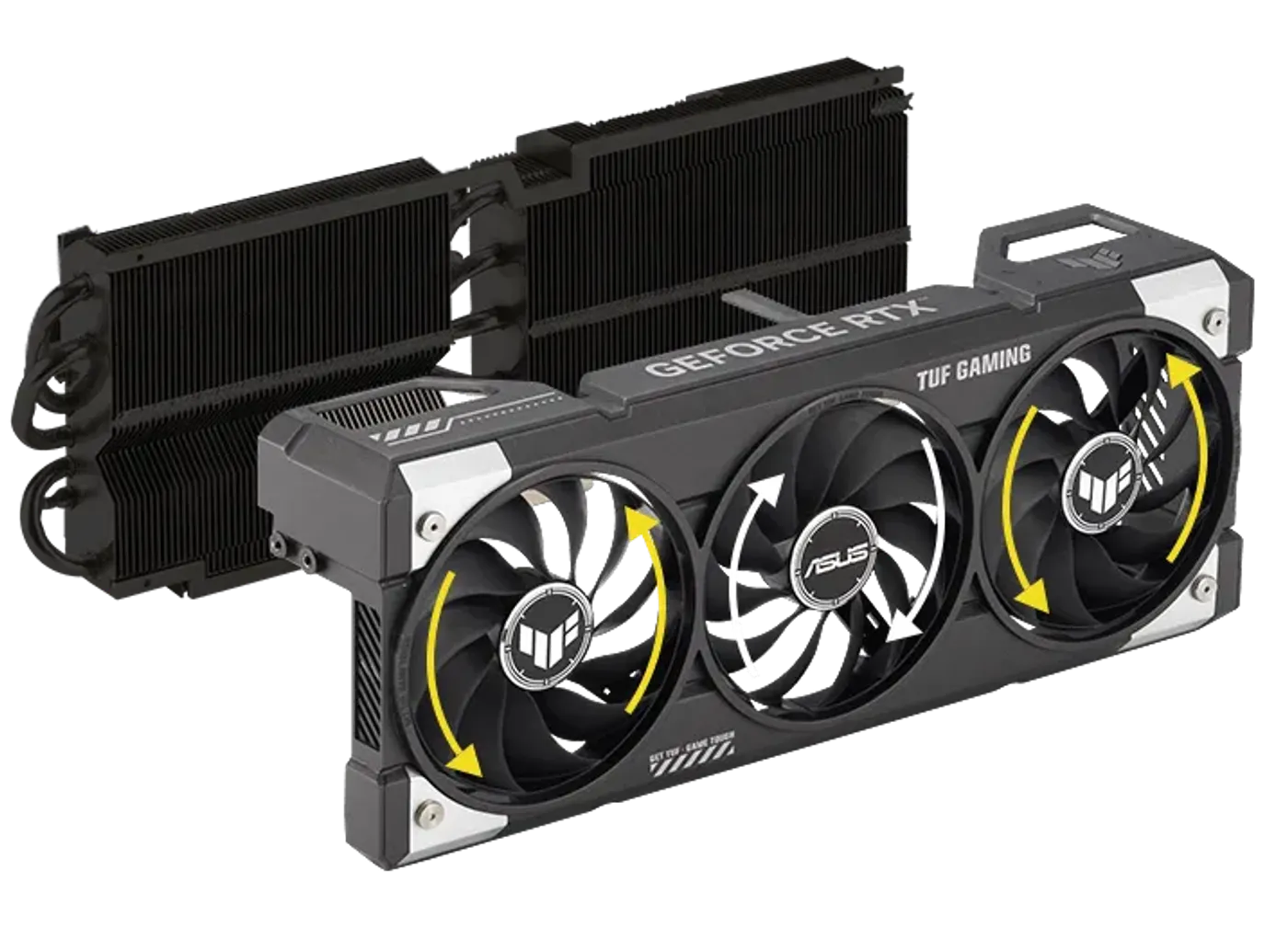 Graphics card fans with arrows indicating different directions of spin