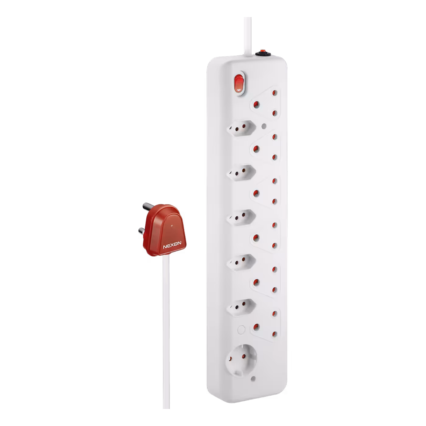 Nexon 12-Way High Surge Multiplug in white with its red three-pin plug