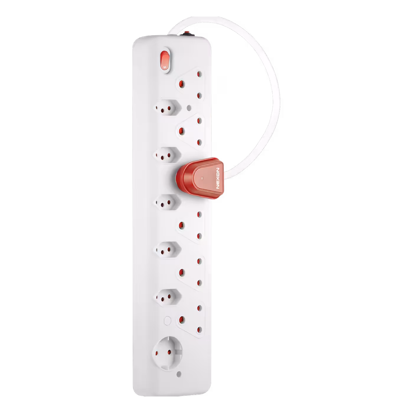 Nexon 12-Way High Surge Multiplug with its 0.5m cord looped and the plug resting on the strip
