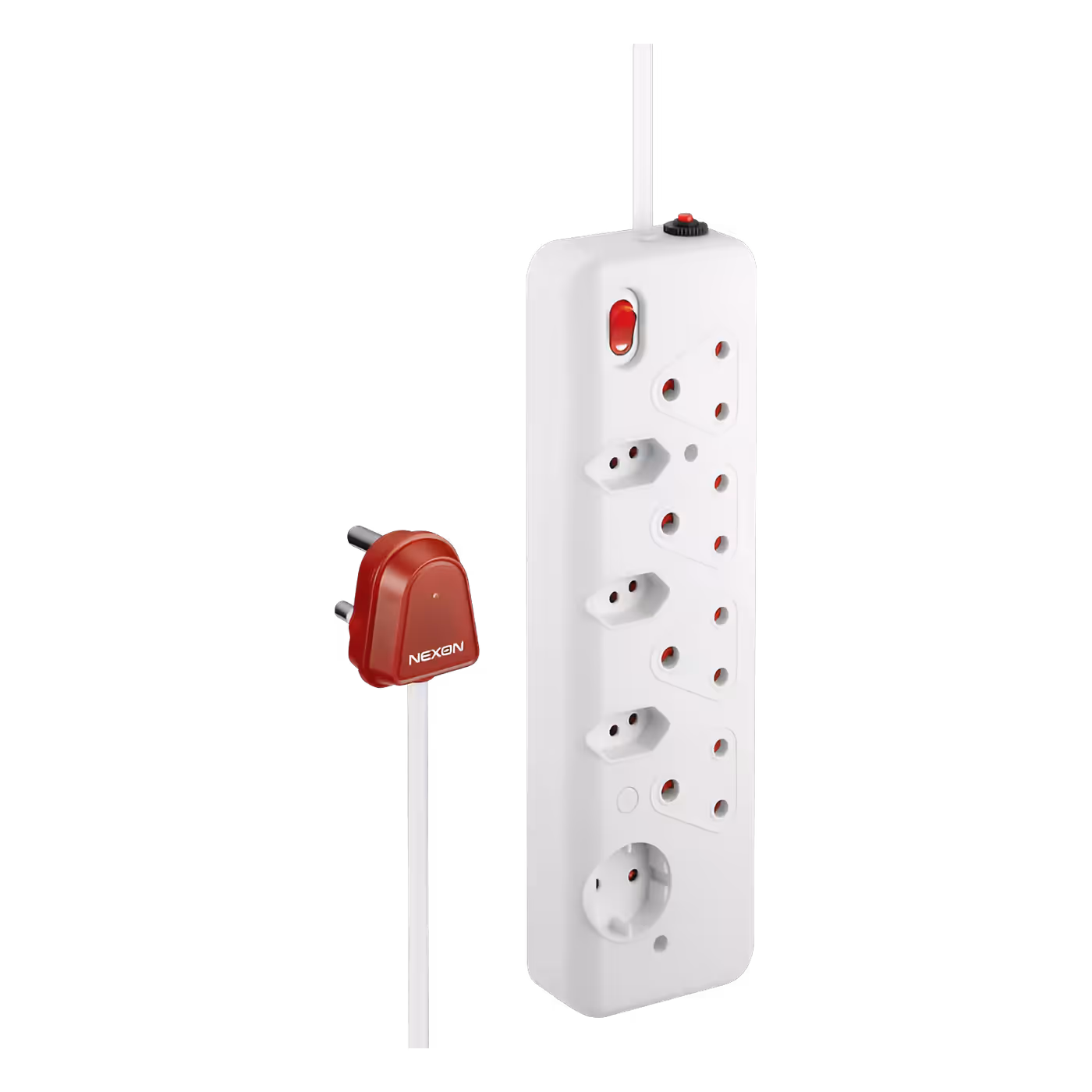 Nexon 8-Way High Surge Multiplug in white with its red three-pin plug