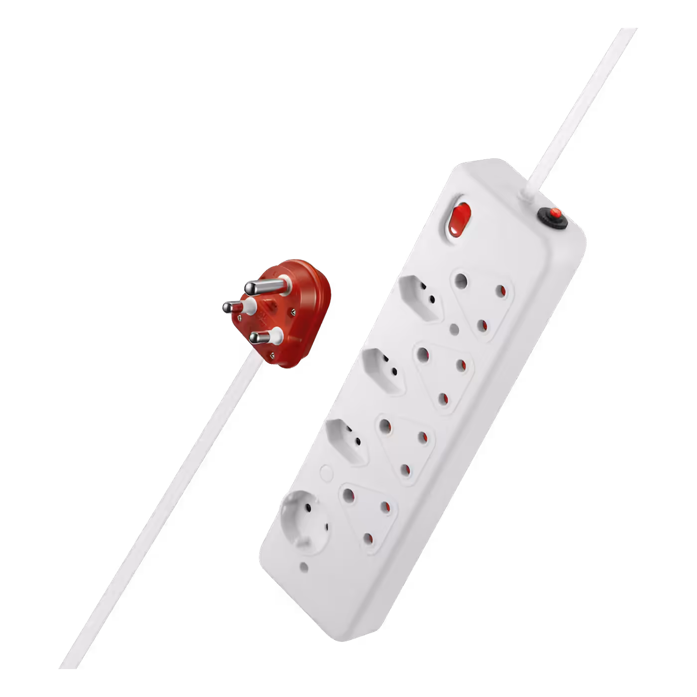 Nexon 8-Way High Surge Multiplug at an angle, showing the on/off switch and shuttered sockets