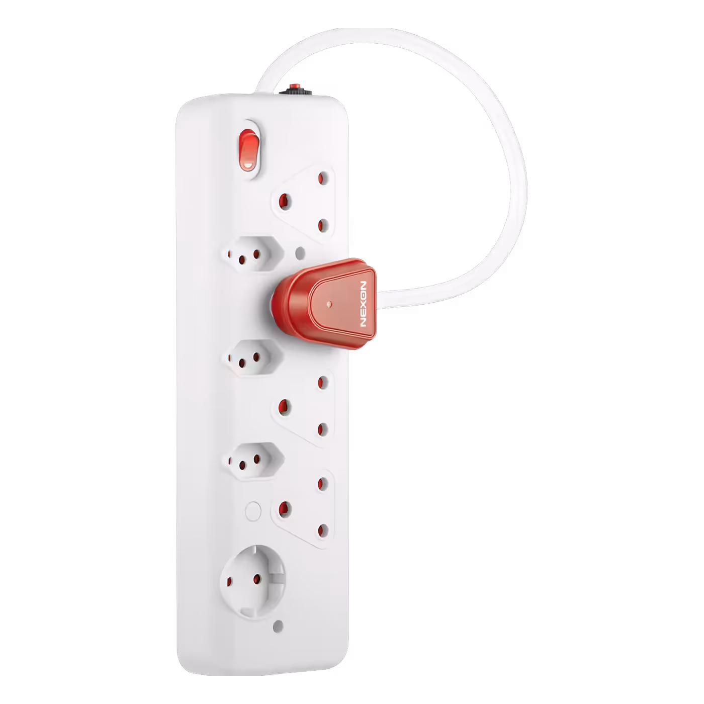 Nexon 8-Way High Surge Multiplug with its 0.5m cord looped and the plug resting on the strip