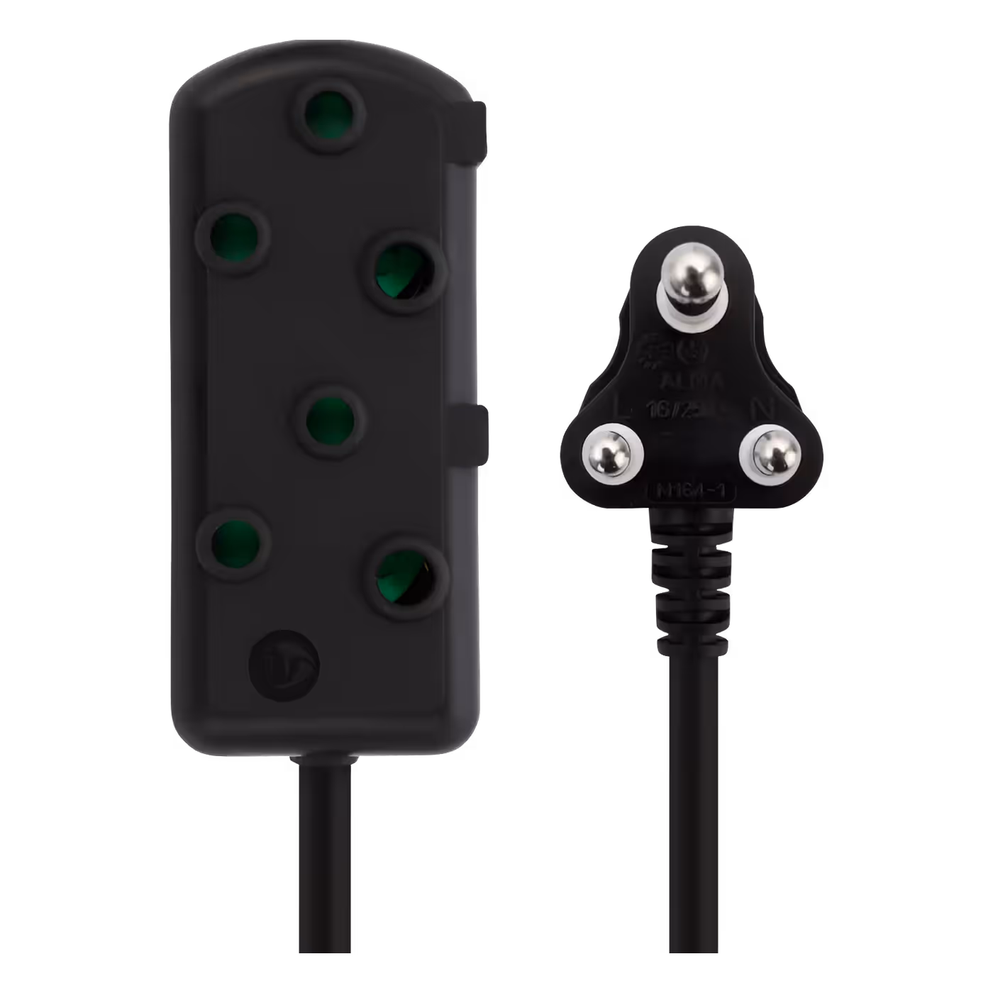 The black two-socket block and the three-pin plug of the Nexon extension lead