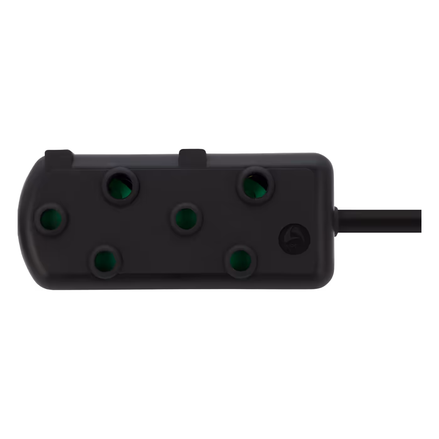 Side view of the black two-socket block on the Nexon extension lead