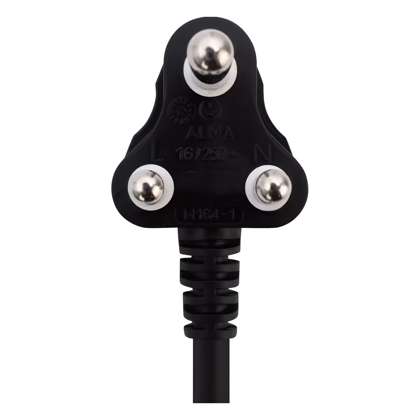 Close-up of the black 16A three-pin plug on the Nexon extension lead