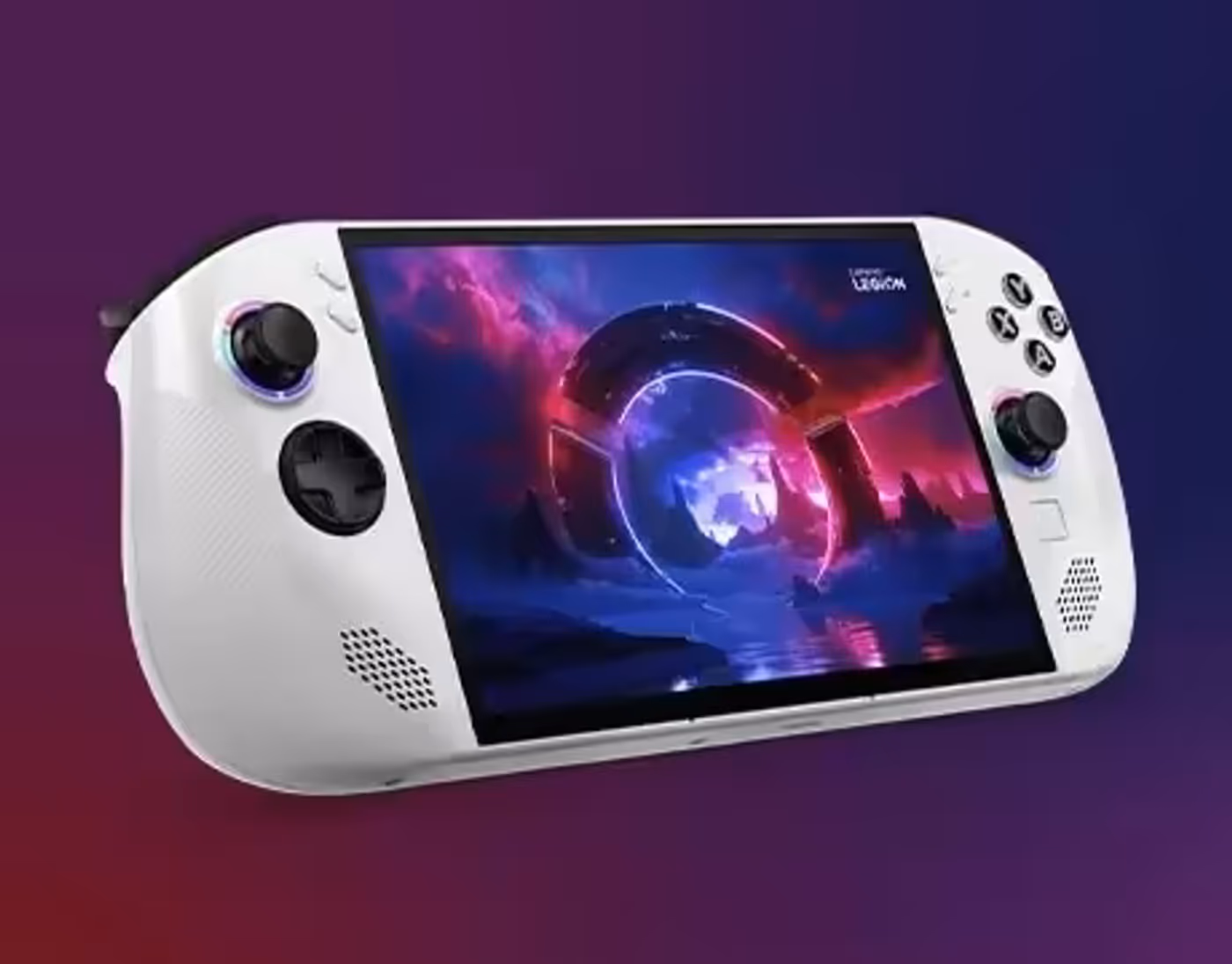 Angled view of Lenovo Legion Go S Gen 1 (8") handheld gaming handheld displaying a sci-fi game scene.