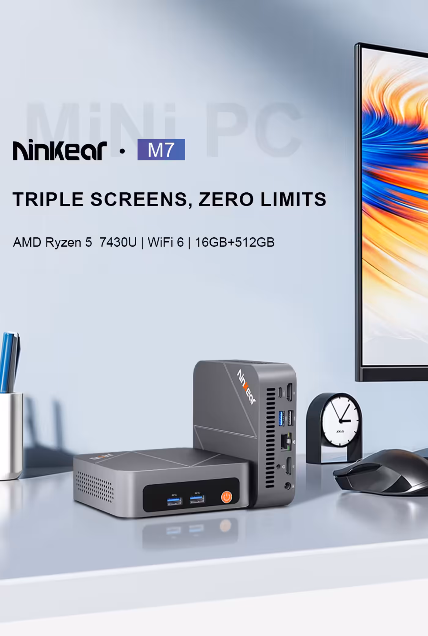 Ninkear M7 V2 mini PC in silver grey metal chassis on a desk