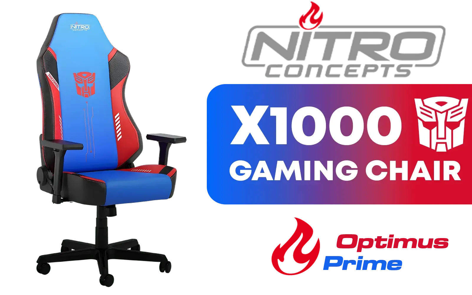 Nitro Concepts X1000 Gaming Stuhl - Transformers Optimus Prime Edition, Gaming or Office, Ergonomic Design, Backrest, 3D armrests, Steel frame, Max weight supported 135kg / NC-X1000-TOE