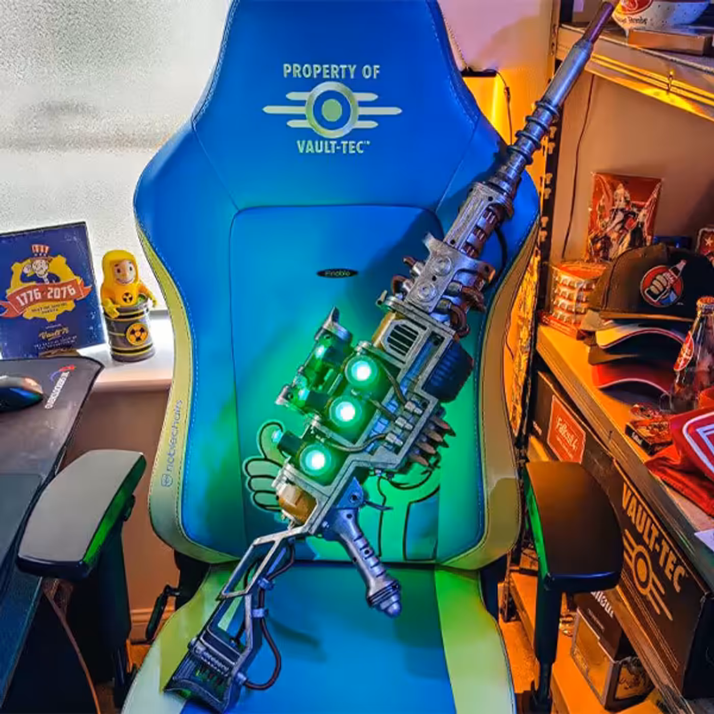 Fallout Vault-Tec edition gaming chair featuring iconic blue and yellow color scheme