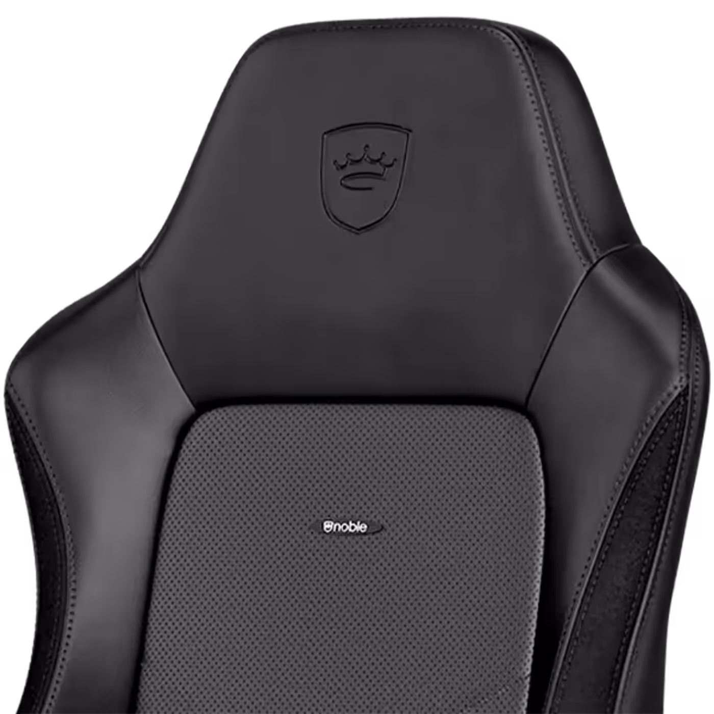 Detailed view of the diamond-pattern stitching and noblechairs branding on the headrest
