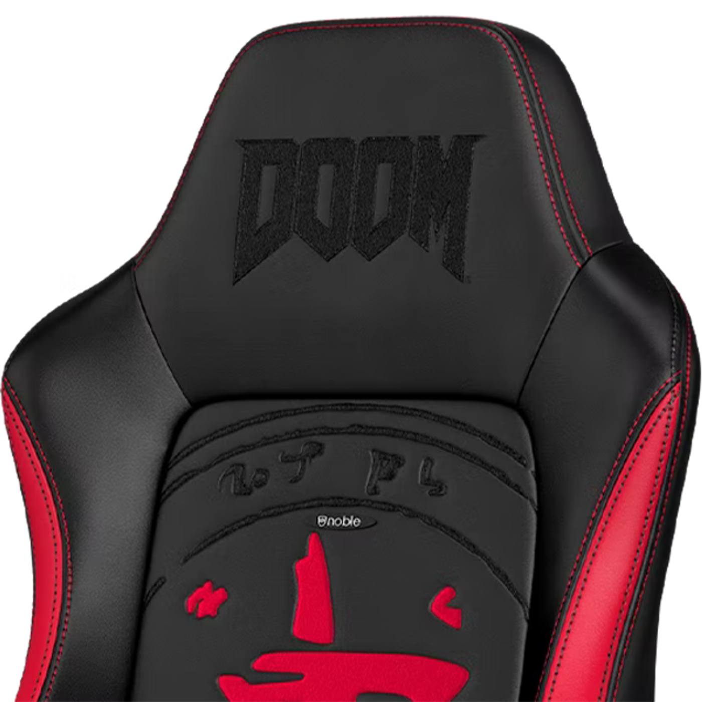 DOOM-themed black and red noblechairs HERO gaming chair showing the embossed DOOM logo