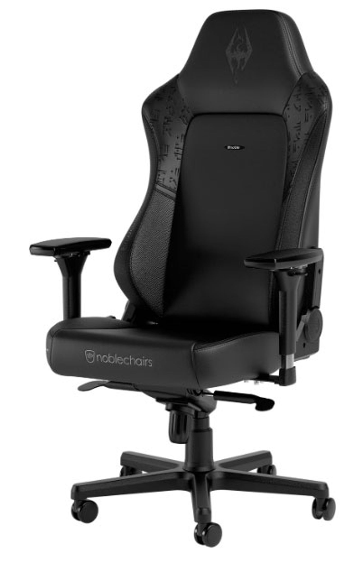 noblechairs Hero Skyrim Anniversary Edition chair showing its tall, wide backrest and broad seat base