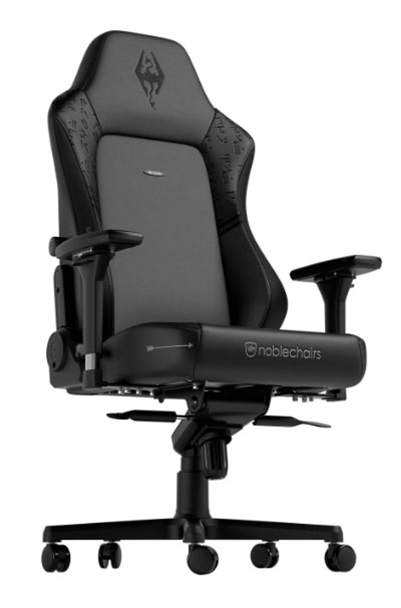 noblechairs Hero Skyrim Edition reclined to show its adjustable backrest angle