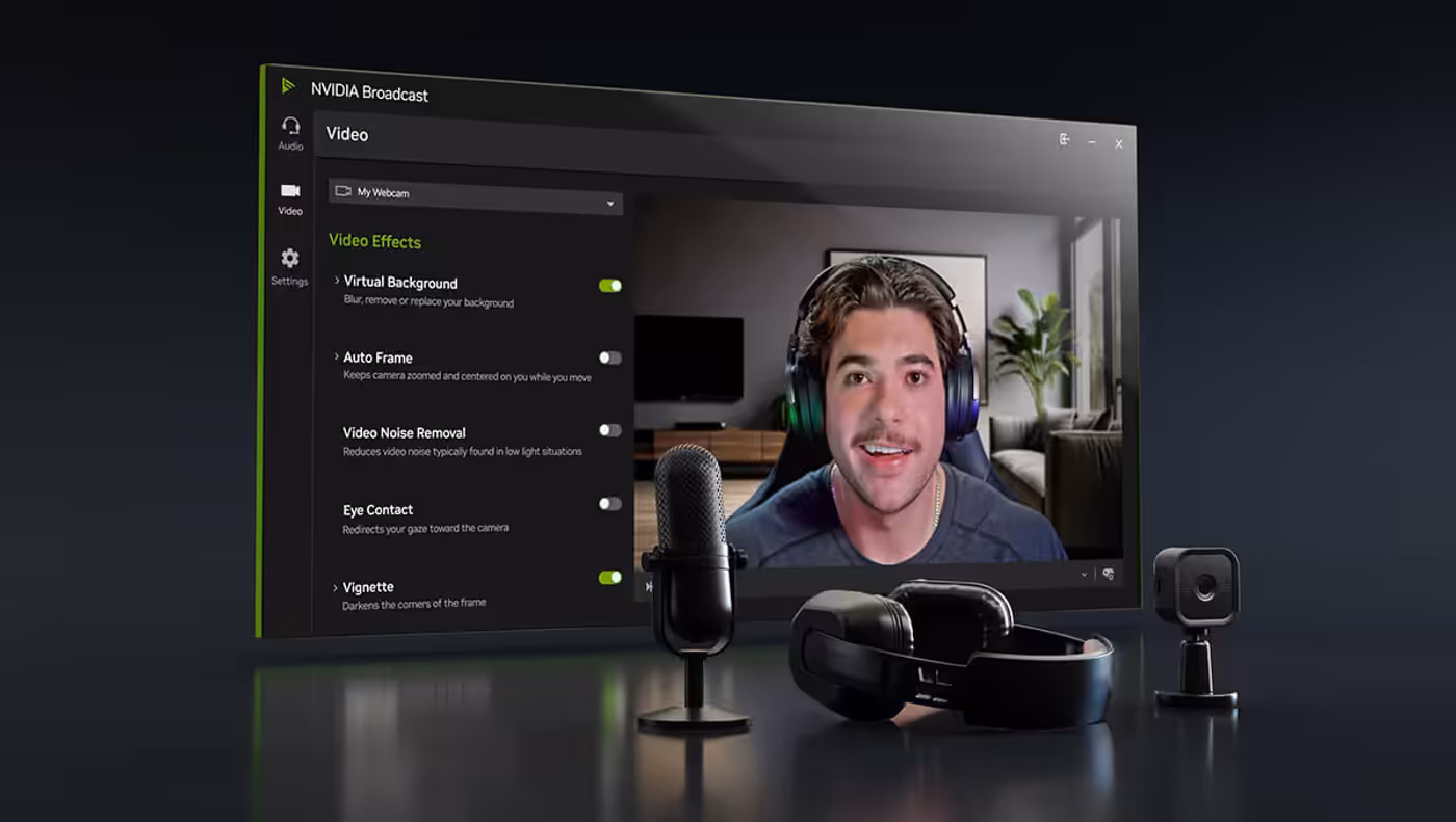 NVIDIA Broadcast interface showing AI-powered noise removal and background customization tools