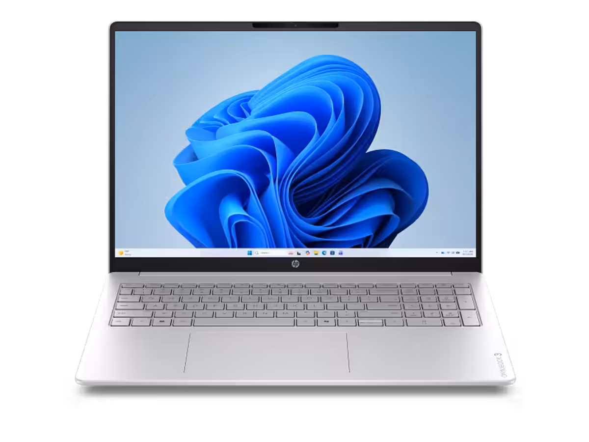 HP OmniBook 3 16 inch Laptop PC shown in glacier silver and canvas gray facing center