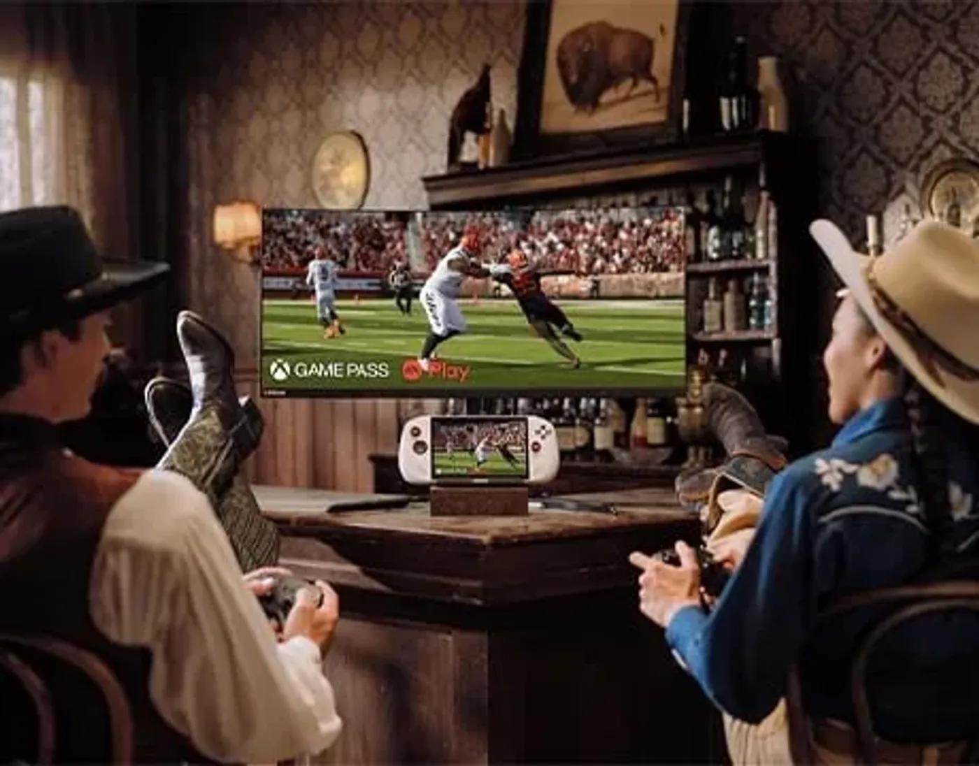 Two people gaming on a TV using Lenovo Legion Go S Gen 1 (8") gaming handheld as the controller in a cozy room.