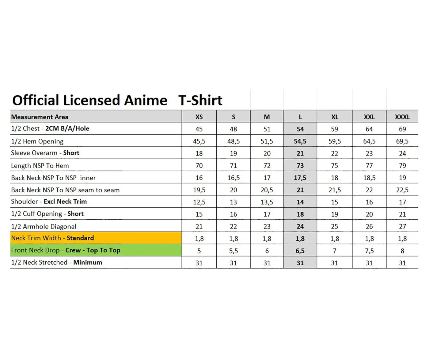Size measurement chart for the One Piece Wano Kuni crew T-shirt