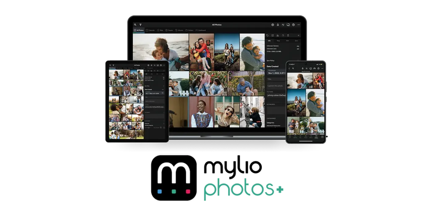 Mylio Photos+ shown across laptop, phone, and tablet screens