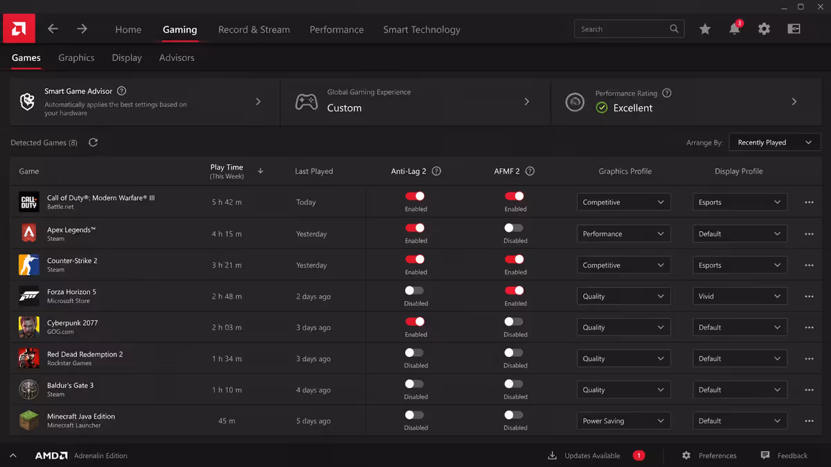 Adrenalin Gaming tab with per-game profiles