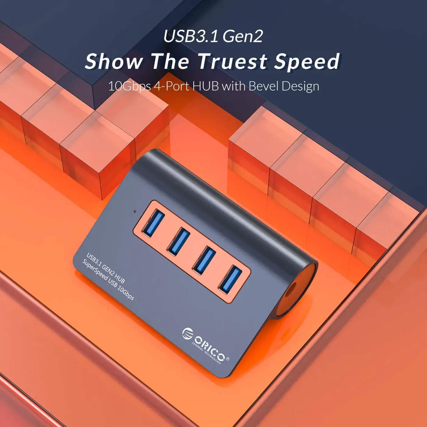 Orico 4-port USB 3.0 hub in dark gray and orange, front view