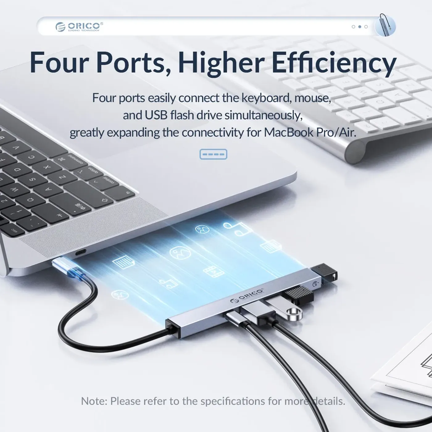 Angled view of the Orico 5-port USB-C hub showing its USB-A connectors