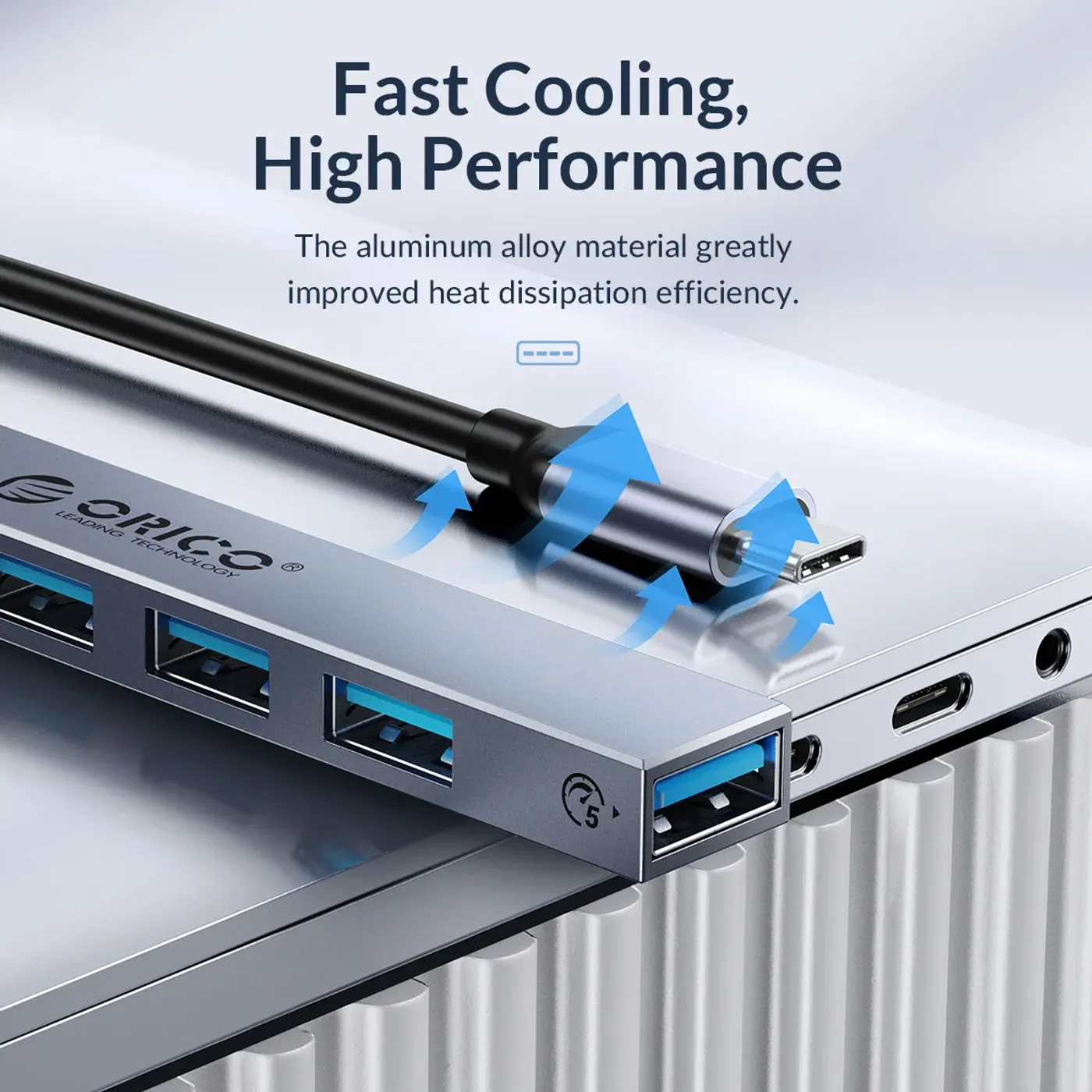 Rear view of the Orico 5-port USB-C hub and its connectivity ports