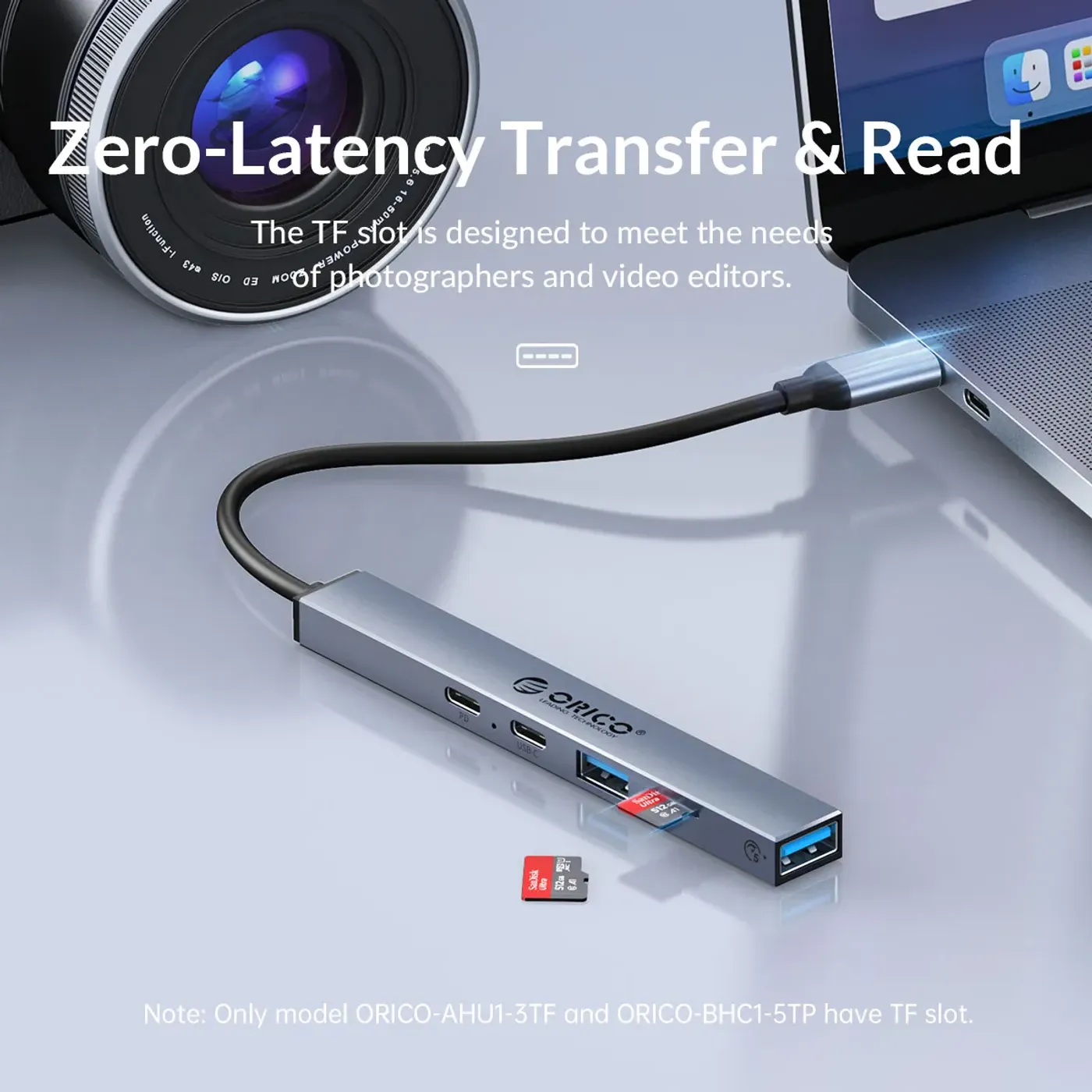Side view of the Orico 5-port USB-C hub showing its slim profile