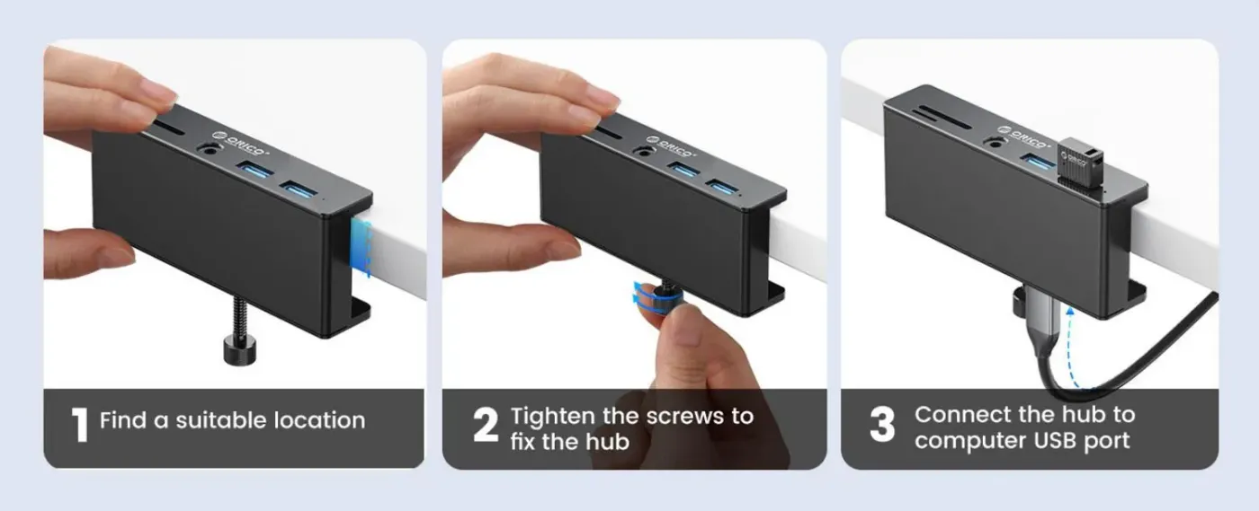 Orico 7-in-1 clip-on USB-C hub showing its full port layout