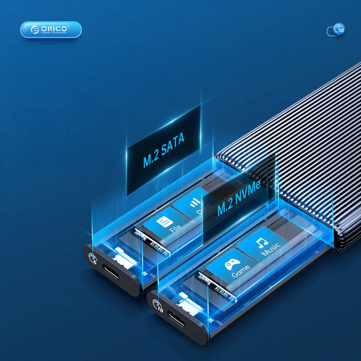 Independent NVMe and SATA slots inside the ORICO SSD enclosure