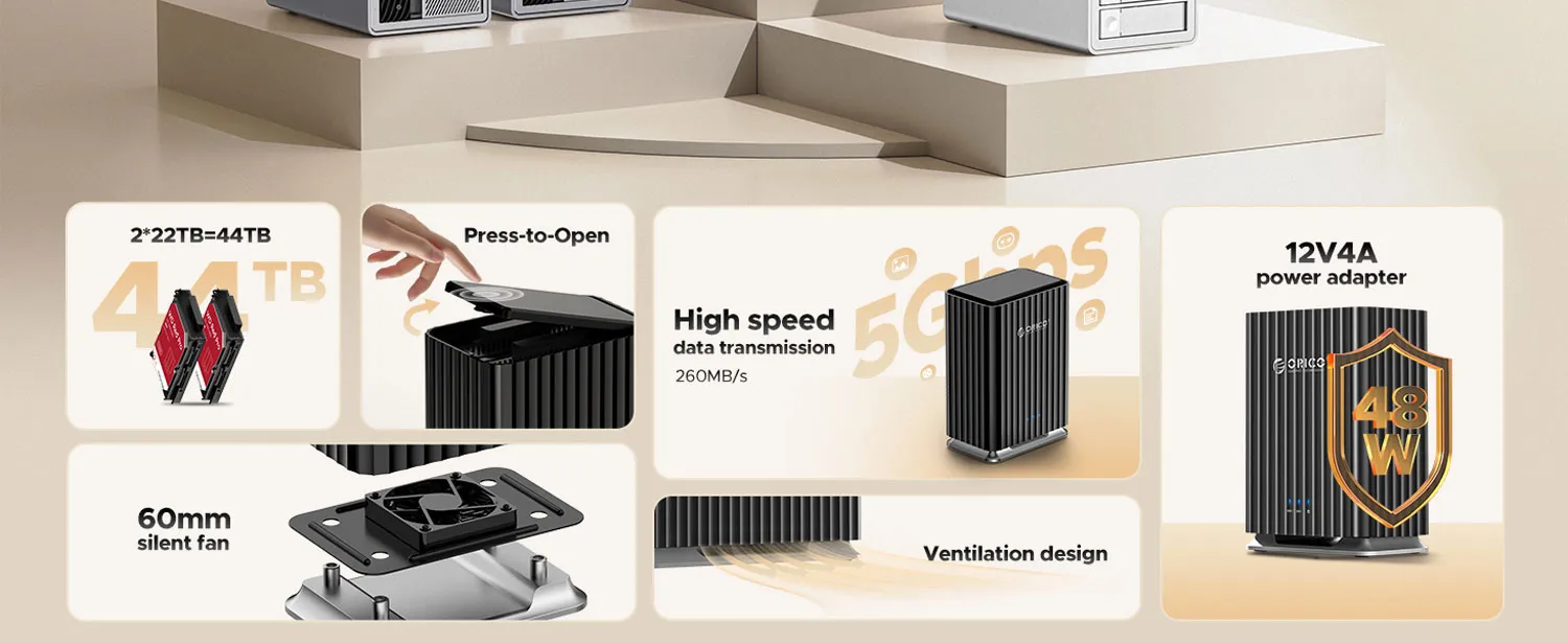 ORICO 9728C3 features: 44TB, press-to-open lid, 60mm fan and 12V 4A power