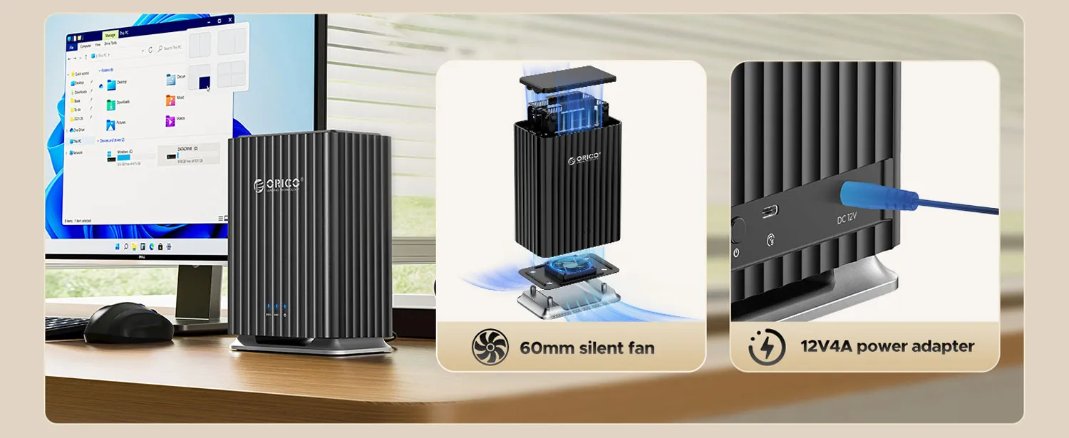 ORICO 9728C3 on a desk with its 60mm silent fan and 12V 4A power adapter