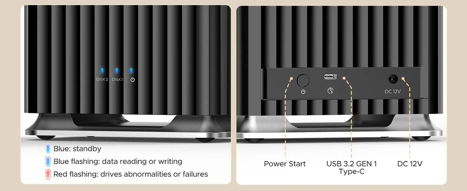 ORICO 9728C3 status lights and rear USB 3.2 Gen 1 Type-C and DC 12V ports