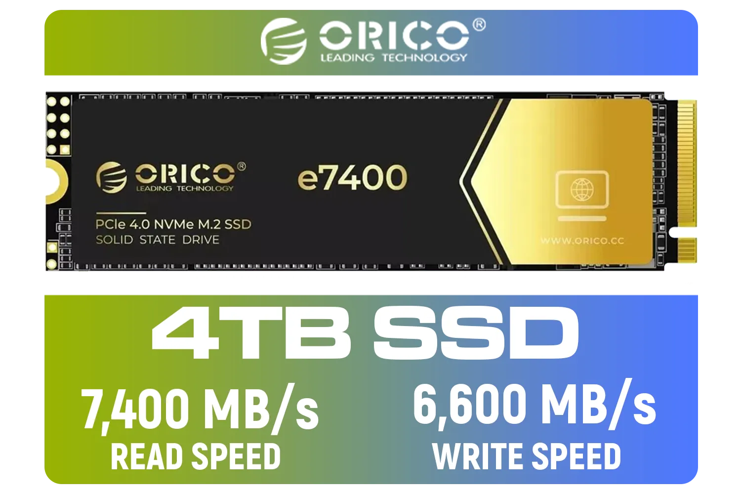 ORICO e7400 M.2 NVMe SSD - 4TB / PS5 Compatible /  PCIe Gen4.0 x4 / Up to 7,400MB/s Read and 6,600MB/s Write Speeds / ORICO-e7400-4TB-GD-BP