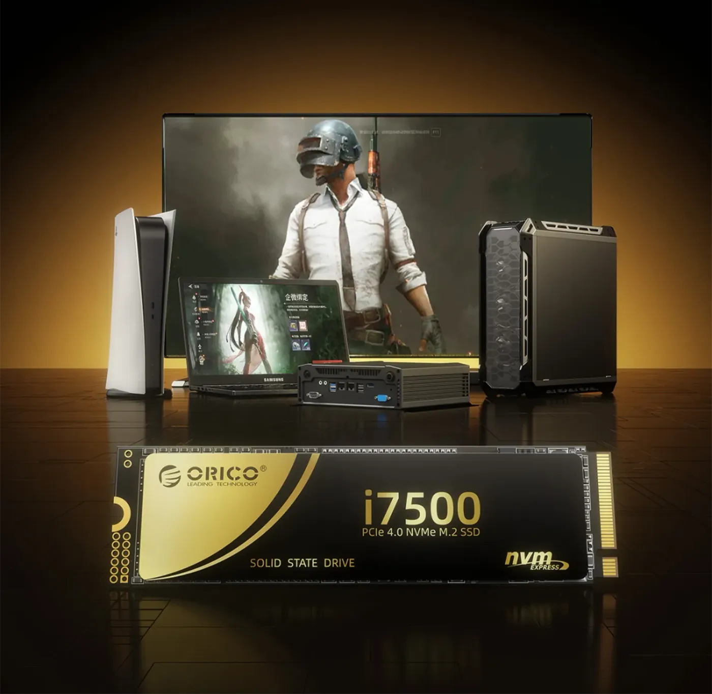 ORICO i7500 NVMe SSD compatibility graphic covering desktop, laptop and PS5