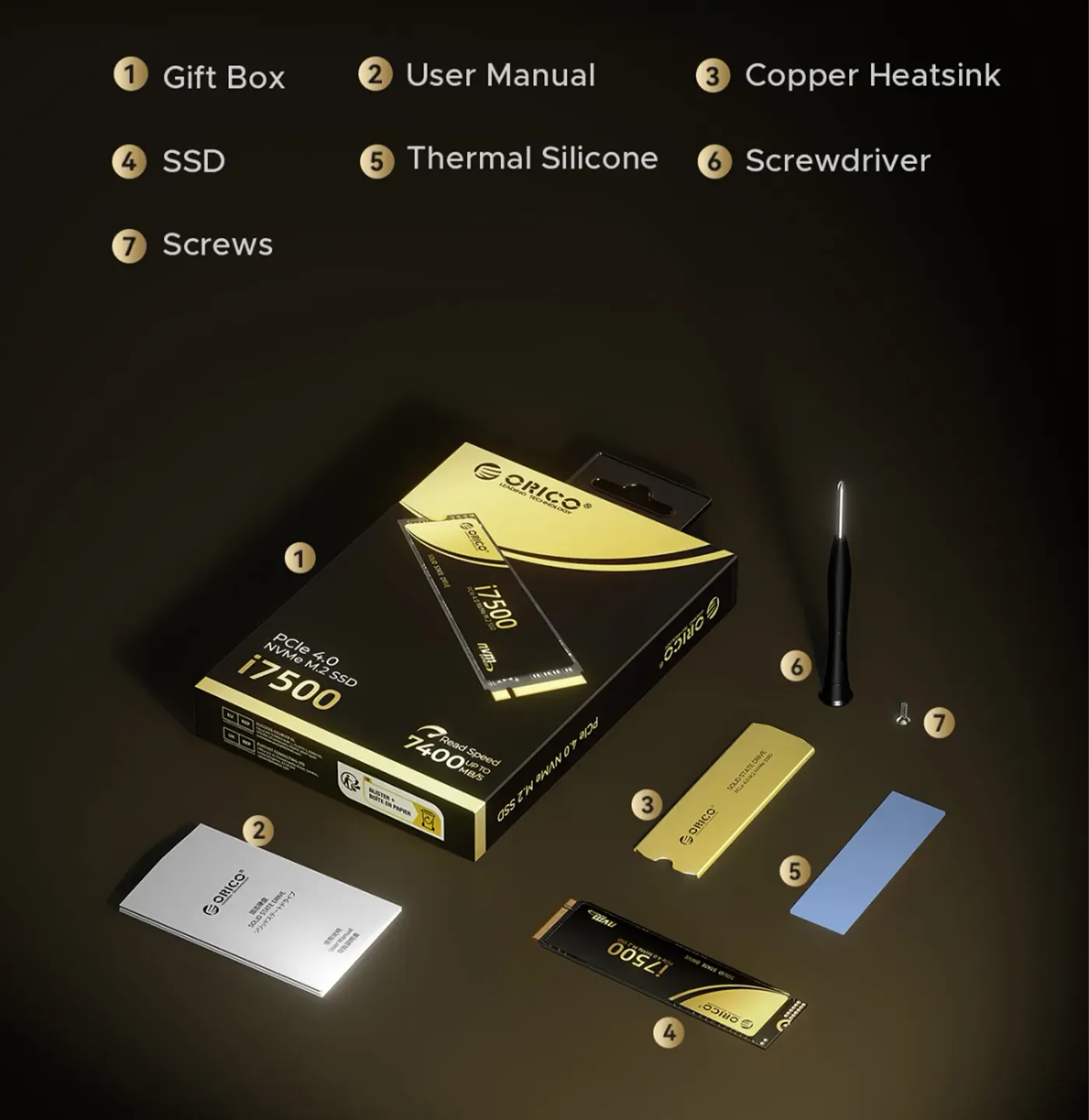 ORICO i7500 NVMe SSD packaging contents laid out