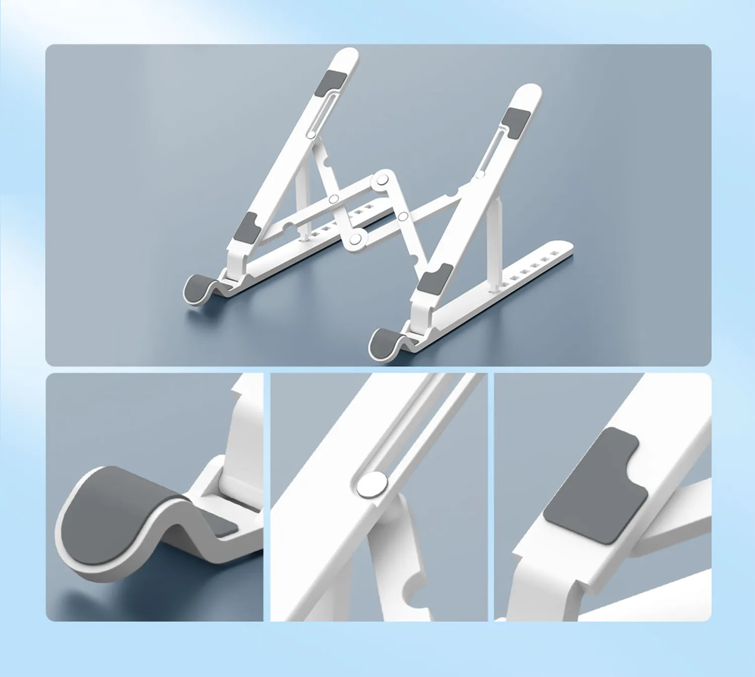 Detail highlights of ORICO stand components and finish